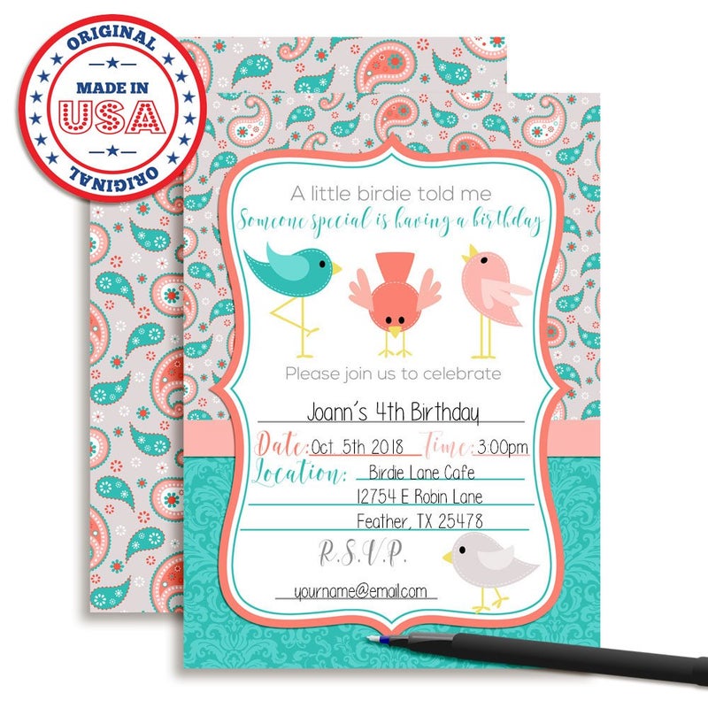 Amanda Creation A Little Birdie Told Me Themed Birthday Party Celebration Invitations, 20 5x7 Fill In Cards with Twenty White Envelopes by AmandaCreation - Image 3